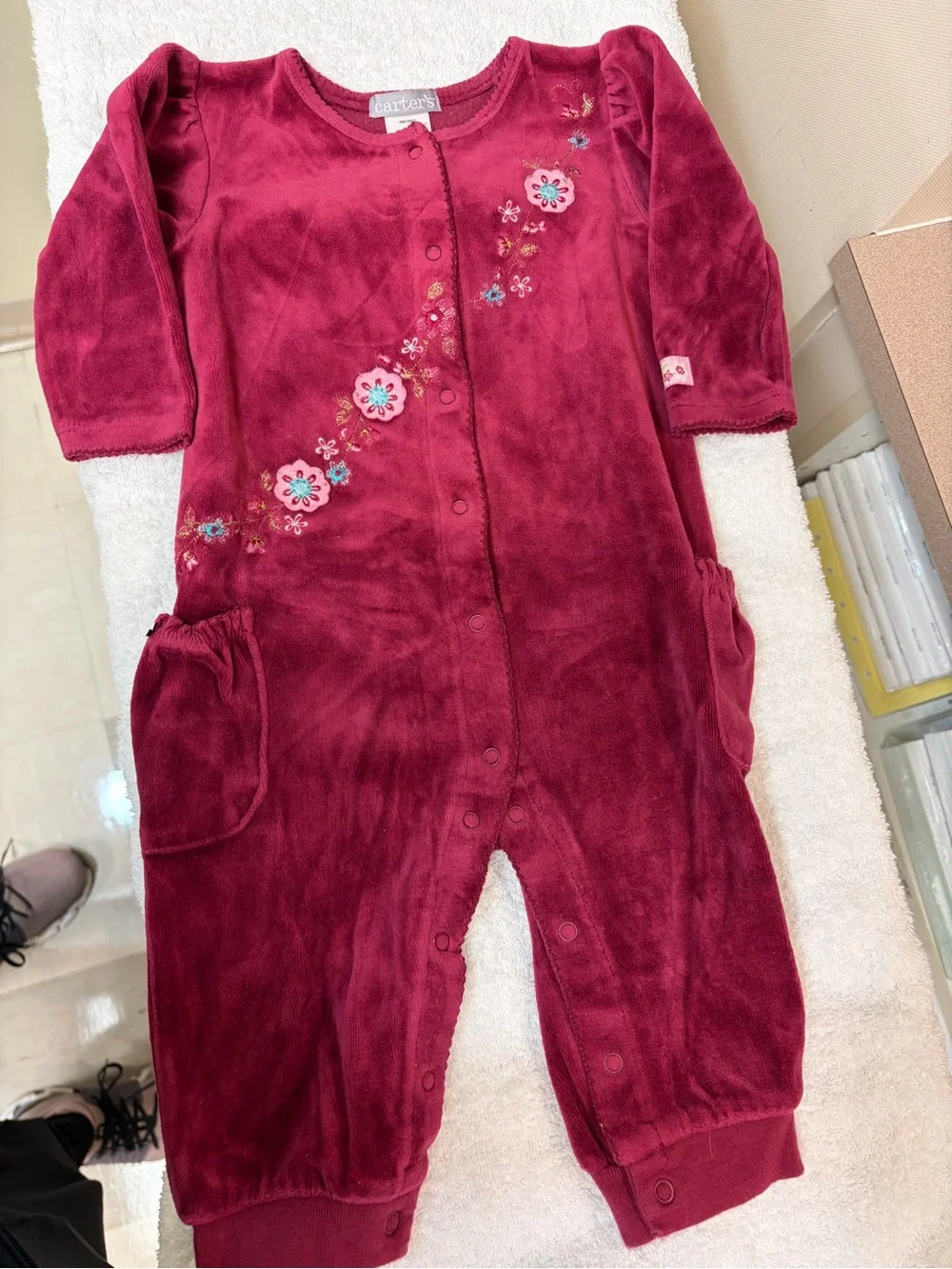 Carter's Burgundy Velour Floral Snap-Front One-Piece Bodysuit